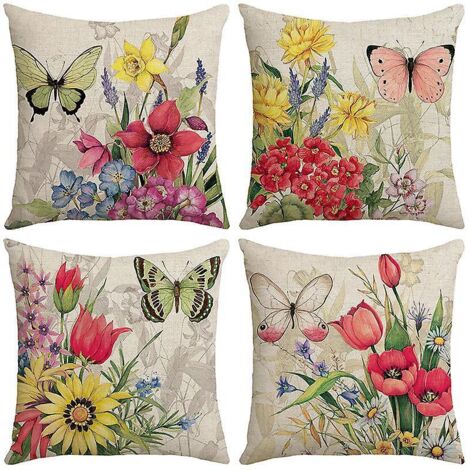 taie D'oreiller, Lot De 4-45 X 45 Cm En Coton Et Lin Imprim Fleur Marguerite Housse De Coussin Carr Pour Lit Voiture De La Maison Canap (1/5)