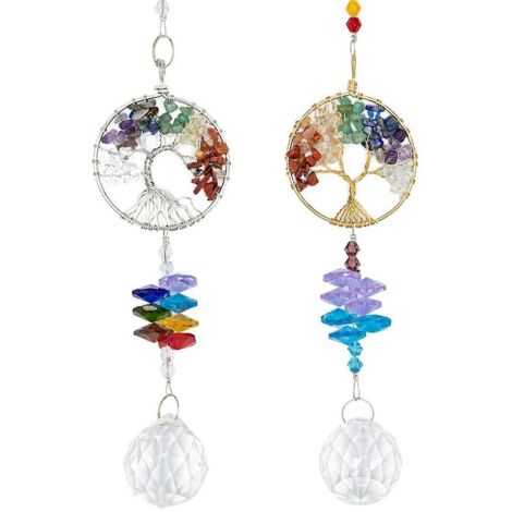 ensemble De 2 , Cristal Suncatcher Suspendu Arbre De Vie En Mtal Color Chakra Perle Feng Shui Cristal Pendentif Dcoration De Jardin (1/5)