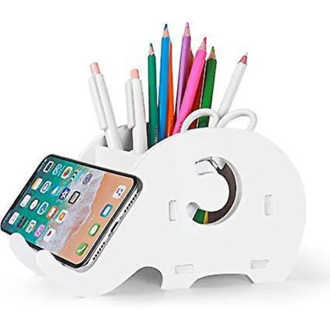 organisateur De Fournitures De Bureau Lphant En Bois (blanc), Porte-crayons Lphant Mignon Accessoires De Bureau Multifonctions Avec Support De Tlp (1/5)