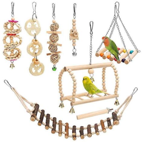 jouets Pour Oiseaux, Lot De 8 Jouets  Mcher En Bois Naturel Pour Perroquet, Clochette  Suspendre, Balanoire Pour Cage  Oiseaux, Convient Pour Pins (1/5)