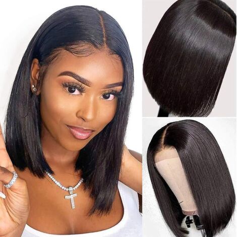 12" Short Bob Wig Human Hair Lace Closure Pre-drawn With Baby Hair Natural Black 130% Density (1/5)