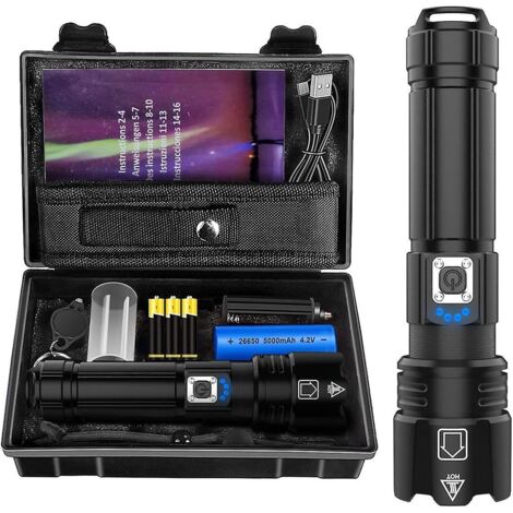 lampe Torche Led Ultra Puissante, Lampe De Poche Rechargeable, Ip67 Tanche Lampe Tactique,xhp70.2 Torches 5 Modes, Zoomable,antichoc Pour Camping (1/5)