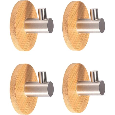 adhesive Hook, 4 Pieces Adhesive Door Hooks, 304 Stainless Steel And Bamboo Robe Hooks, Hook For Hanging Belt, Scarves, Headphones, Coats In Home (1/5)