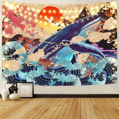 tapisserie Ukiyo - E (baleine Ondule, Longueur 150 130), Tenture Murale De Tapisserie De Carpe Ko Ondule, Tapisserie De Paysage De Coucher De So (1/5)