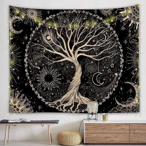 arbre De Vie Tapisserie Lune Et Soleil (150x130cm) Noir Mural Psychdlique Tapisserie Mandala Toile Tapisserie Hippie Dcoration Murale Partie Dorto (1/5)