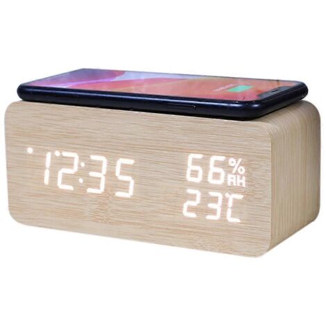 Réveil numérique, chargeur sans fil pour smartphone à LED (couleur bois) -- (1/5)