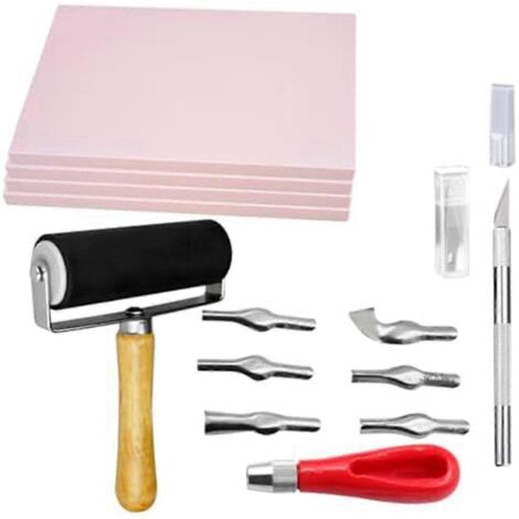 Lot de 4 blocs de caoutchouc pour gravure avec outil de découpe -- (1/5)