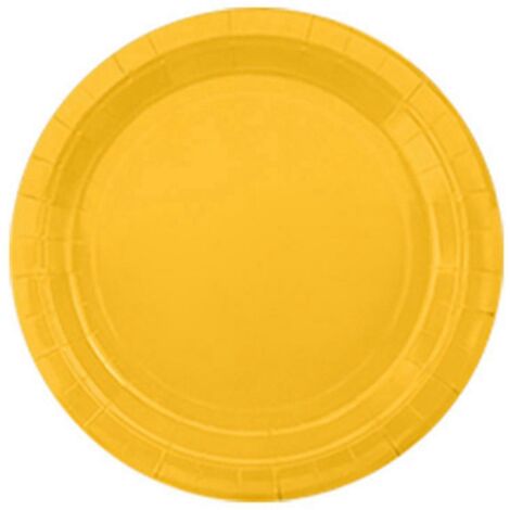 Assiette en carton jaune vif de 23 cm, idéale pour un gâteau aux fruits ou un dessert lors d'un pique-nique. (1/5)
