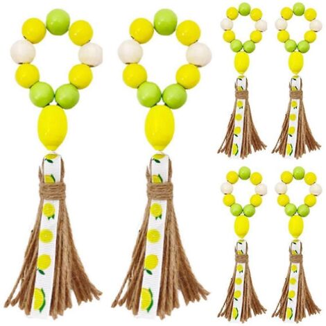 Lot de 6 ronds de serviette en perles de bois à motif citron, style bohème et champêtre. (1/5)