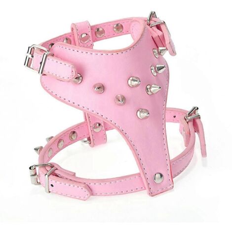 Harnais-gilet clouté en cuir à pointes pour chiots de petites races, rose (1/5)