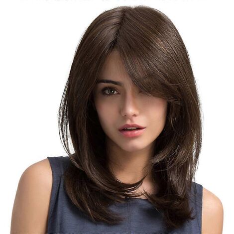 Women Hair Wigs Natural Wave Dark Brown Side Parting with Bangs-- (1/5)