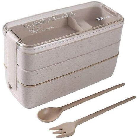 Japanese Lunch Box Bento Box , 3-In-1 Compartment, Wheat Straw,Beige-- (1/5)