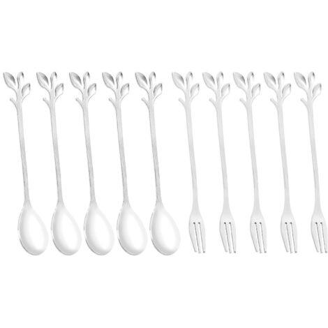 5Spoon+5Forks Stainless Steel Leaf Spoon Fork Dessert Spoons, Silver-- (1/5)