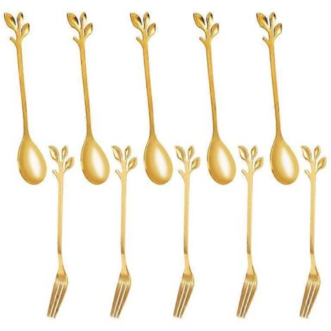 5Spoon+5Forks Stainless Steel Leaf Spoon Fork Dessert Spoons, Golden-- (1/5)