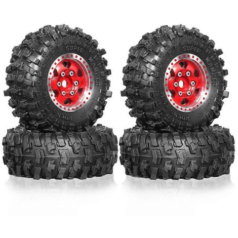 Ensemble de pneus et jantes Beadlock en métal de 1 pouce pour voiture crawler RC 1/18 rouge (1/5)