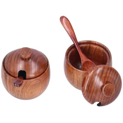 Lot de 2 bols à sel en bois, récipients à sel et pots à épices, sel brun foncé. (1/5)