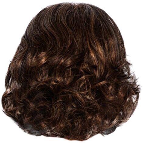 Perruque courte bouclée pour femme brune, cheveux courts avec frange angulaire, en fibres synthétiques.