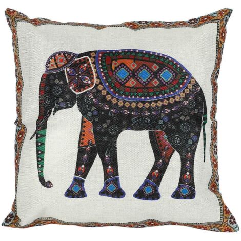 Housse de coussin décorative en coton et lin tricoté avec motif éléphant --- (1/5)