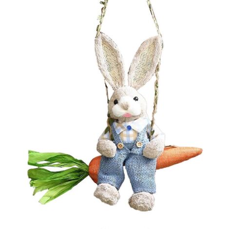 Figurine de lapin de Pâques en paille, lapin en paille sur une balançoire en carotte, B-- (1/5)