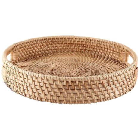 Plateau de service rond décoratif en rotin naturel pour table basse (petit modèle) (1/5)