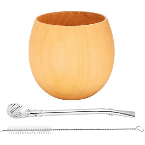 Tasse à café/eau en bois faite à la main avec cuillère, paille et goupillon, 200 ml (légère) (1/5)