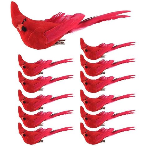 12 décorations de Noël artificielles rouges à pince, oiseaux à plumes - (1/5)