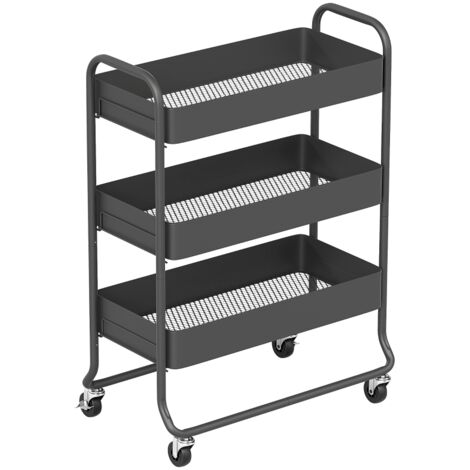Chariot de cuisine, 3 paniers, 4 roulettes, métal, noir (1/5)