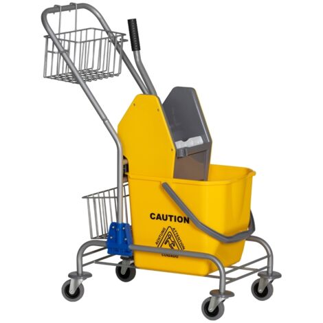 Seau de nettoyage, seau à serpillière, roulant, plastique, poignée métallique, jaune (1/5)