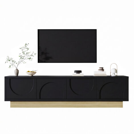 Meuble TV noir moderne avec grain bois – 175 cm – Design incurvé minimaliste – Grand rangement et gestion des câbles (1/5)