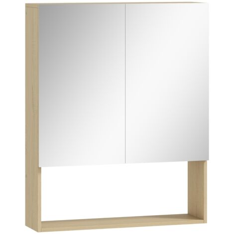 Armoire de salle de bain, portes miroir, étagère ouverte, fixation murale, MDF, panneau de particules, chêne (1/5)