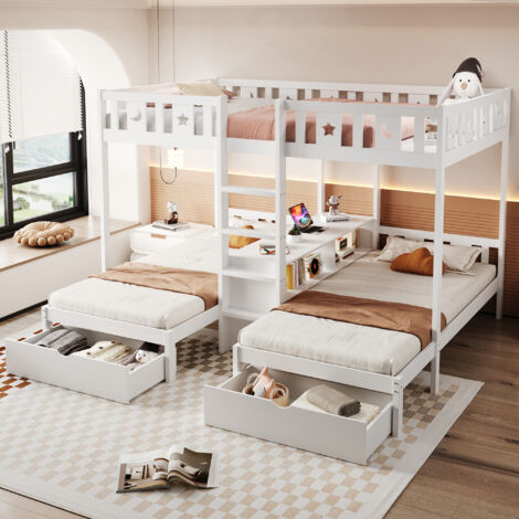 Lit superposé triple en bois massif blanc avec échelle, rangements et deux tiroirs, garde-corps sécurisé motif étoiles et lunes, couchage supérieur 140×200 cm, inférieur 90×200 cm, lit enfant. (1/5)