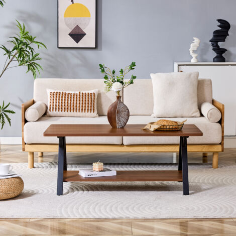 Table basse industrielle moderne avec étagère de rangement, aspect bois de noyer et cadre métal noir, 110x57x44,5cm, table de salon contemporaine pour bureau à domicile, appartement et petits espaces (1/5)