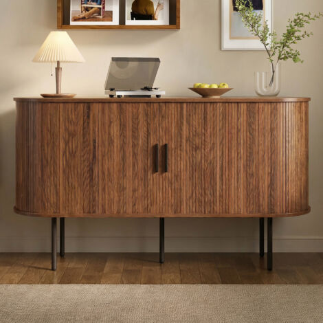 Buffet moderne en MDF avec portes à jalousie, poignées en aluminium et pieds en fer – Armoire de rangement polyvalente pour salon, salle à manger et décoration contemporaine (1/5)