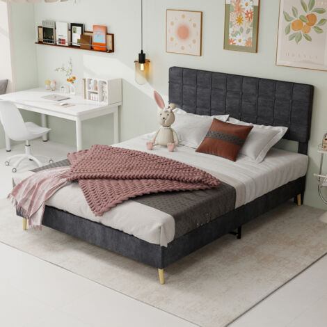 Lit double gris foncé moderne en tissu avec tête de lit matelassée à carreaux, petit luxe, chambre principale ou secondaire, taille 160x200 cm (1/5)