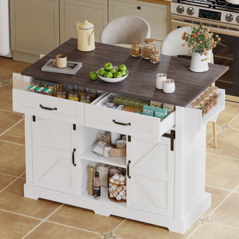 Îlot cuisine mobile rabattable 120x45 (70)x92cm tiroirs étagère épices porte -serviettes roulettes verrouillables rangement cuisine naturel + blanc