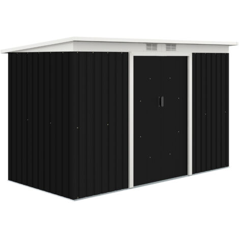 Abri de jardin Outsunny, cabane de rangement avec porte coulissante, fenêtre de ventilation, toit en pente, extérieur, acier, gris foncé, 280 x 130 x 172 cm (1/5)