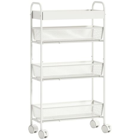 Chariot de cuisine en métal, 3 paniers, design étroit, 4 roues, pour cuisine, salon, salle de bain, blanc (1/5)