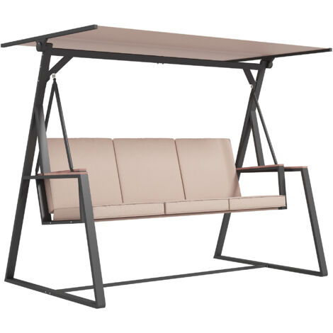 Balancelle 3 places Outsunny, banc suspendu avec coussins et toit réglable, charge max 300 kg, couleur kaki, dimensions 205x130x175 cm, pour jardin et terrasse (1/5)