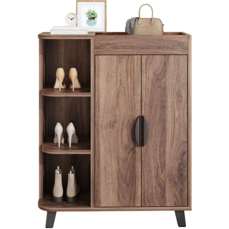 Meuble à chaussures étroit, armoire à chaussures double porte, étagère à chaussures avec compartiments ouverts, aspect bois, meuble polyvalent pour couloir, petit rangement chaussures pour petits espa (1/5)