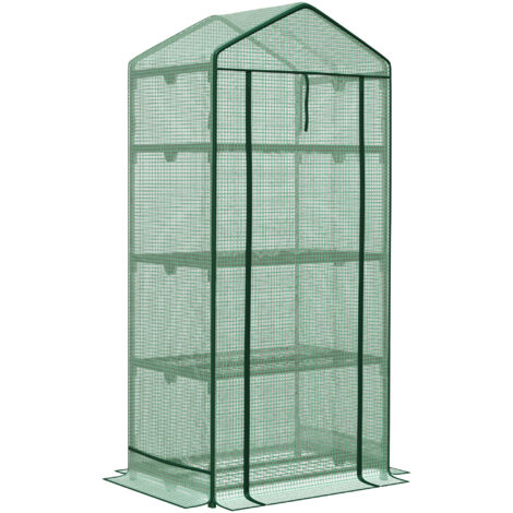 Serre de jardin Outsunny, mini-serre de culture avec housse en film et 3 étagères, porte enroulable, bac à légumes vert 69x49x125 cm (1/5)