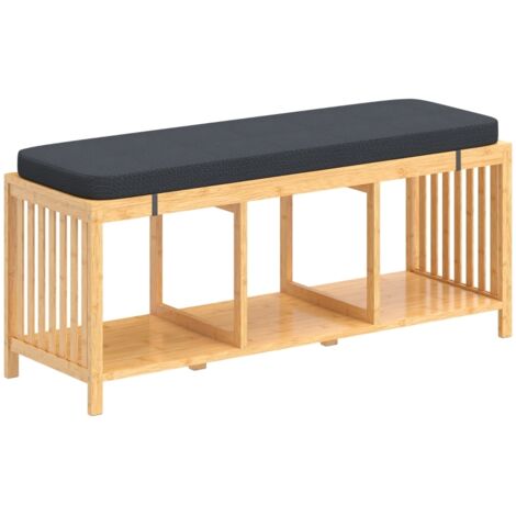 Banc à chaussures en bambou, banque d'entrée avec coussin d'assise rembourré et rangement ouvert, aspect bois naturel (1/5)