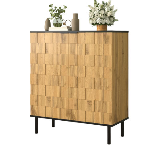 Armoire à chaussures mosaïque, meuble à chaussures 2 portes, rangement pour entrée, aspect bois, panneaux de particules, pieds métal, étagères réglables en hauteur (1/5)