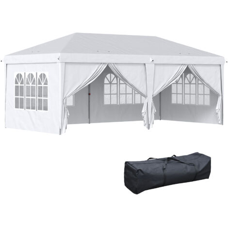 Pavillon pliant 5,85 x 2,95 m avec protection UV, tente de fête incluant parois latérales et fenêtres, portes à fermeture éclair, acier blanc (1/5)
