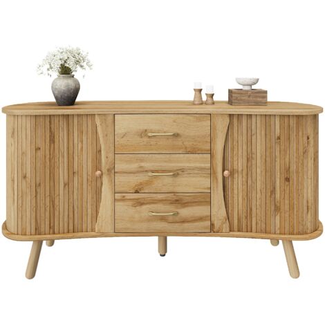 Buffet en forme de pois à rainures, deux portes coulissantes + trois tiroirs, étagères réglables en hauteur, pieds en bois massif, aspect bois, panneau MDF, style scandinave moderne (1/5)
