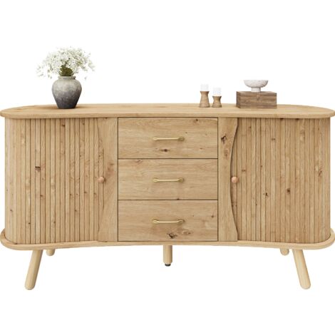 Buffet en forme de pois avec rainures, deux portes coulissantes + trois tiroirs, étagères ajustables en hauteur, pieds en bois massif, aspect bois, panneaux MDF, style scandinave moderne (1/5)