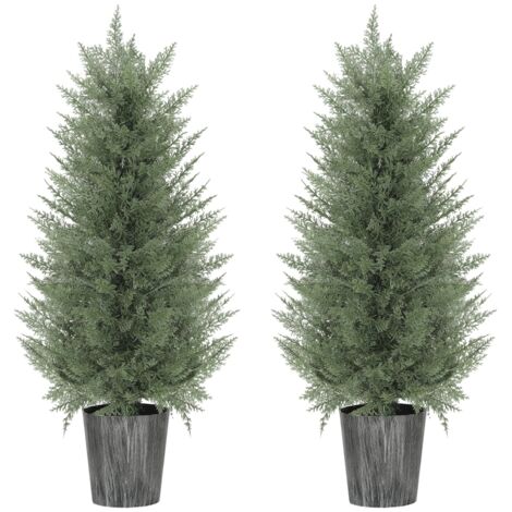 Lot de 2 cyprès artificiels 90cm, plantes synthétiques vertes en pot 15x15x90 cm (1/5)