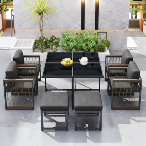 Set de table et chaises extérieur 7 pièces pour 6 personnes, table en verre trempé, accoudoirs en plastique et bois, adapté pour repas en cour, terrasse jardin (1/5)