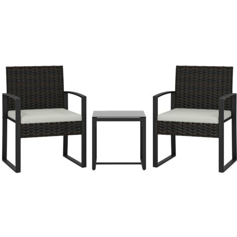 Set de Bistro en Rotin, 3 pièces de Jardin avec 2 Chaises et Table Basse, Coussins Amovibles Blanc Crème (1/5)