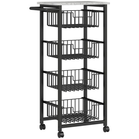 Chariot de cuisine à 4 niveaux sur roulettes, desserte roulante, trolley de cuisine avec 4 paniers en acier. (1/5)