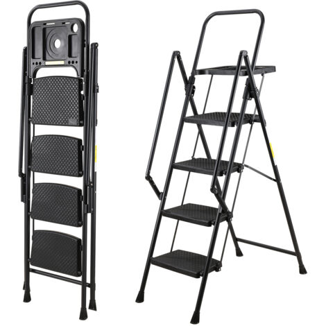 Escabeau 4 marches, tabouret en acier robuste avec larges marches antidérapantes, rampe, verrouillage de sécurité, testé à 150 kg, pliable et portable pour cuisine, maison, noir (1/5)